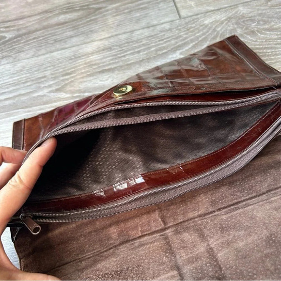 Vintage Eel Skin Brown Minimalist Boho Clutch Made in Korea - Picture 9 of 14